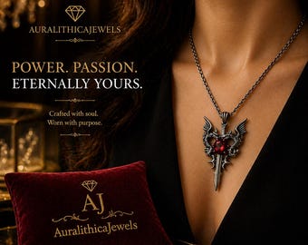 Gothic Dragon Sword Necklace with Red Gemstone Pendant for Fantasy Lovers and Cosplay Jewelry