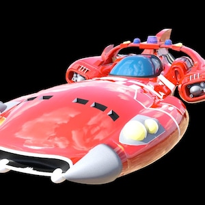 May include: A red futuristic vehicle with a streamlined design. It features a blue cockpit, headlights, and various aerodynamic elements. The vehicle has a glossy finish and a white accent on the front.