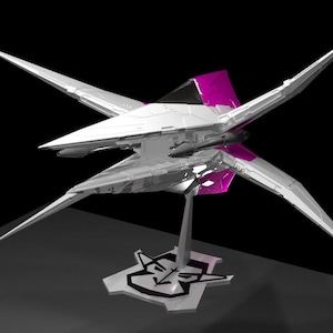 May include: A white and silver spacecraft model with magenta highlights, mounted on a stand with a logo. The model features an X-wing design with sharp, pointed wings and a central body. The background is black.