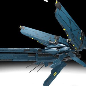 Può includere: Un'astronave blu futuristica con ali angolari e un design dettagliato. L'astronave ha più sezioni ed è ambientata su uno sfondo scuro con una sfumatura. Sono visibili dettagli gialli.