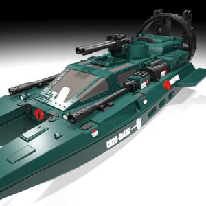 May include: A dark green toy boat with multiple mounted guns and a propeller. The boat has a cockpit with a clear windscreen and the text "NO STEP" and "C020-0146" printed on the sides. The boat is designed with a catamaran hull.