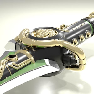 Peut inclure: Une arme accessoire détaillée avec un corps noir, des accents dorés et un bord vert. Le design présente des détails complexes, notamment des formes circulaires et géométriques, et une surface texturée. L'arme a une esthétique futuriste ou fantastique.