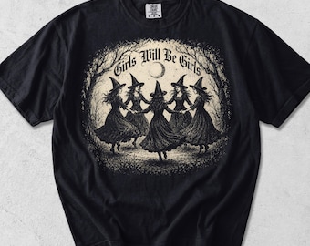 Camiseta Vintage "Girls Will Be Girls Witch", Camiseta Vintage de Halloween Feminina, Camiseta com Vibrações de Bruxa, Camiseta de Humor Negro, Camiseta de Empoderamento Feminino com Estampa de Bruxa
