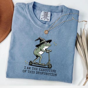 Può includere: Maglietta azzurra con la grafica di una rana con un cappello da strega su uno scooter. Il testo "I AM THE EXECUTIVE OF THIS DYSFUNCTION" è sotto. Una collana d'oro è drappeggiata sulla maglietta.