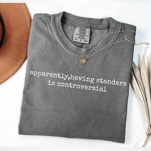 Peut inclure: Un t-shirt gris Comfort Colors avec le texte "apparently, having standards is controversial" en blanc. Un collier argenté avec un pendentif repose sur le t-shirt. Le t-shirt est plié sur une surface blanche.