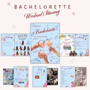 Könnte beinhalten: Ein blauer und rosa Bachelorette-Party-Reiseplan mit dem Text "Yasmin's Bachelorette" und "Last Toast on the Coast". Der Reiseplan enthält eine Liste von Aktivitäten für jeden Tag des Wochenendes, darunter ein Willkommensessen, eine Bootsfahrt und ein Abendessen in Mykonos.