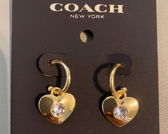 Coach Gold Plated Heart Huggie Drop Earrings - Designer Hoops Everyday Jewelry Gift