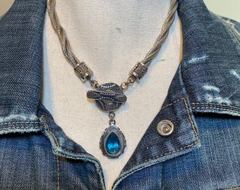 Sterling Silver & Mixed Metals 15” Blue Topaz Necklace Statement Women's Jewelry