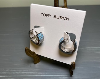 Tory Burch Turquoise and Silver Enamel Earrings - Designer Hoops Everyday Jewelry