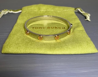 Tory Burch Two-Tone Silver Tone Stud Bangle Elegant Designer Bracelet Women’s Jewelry