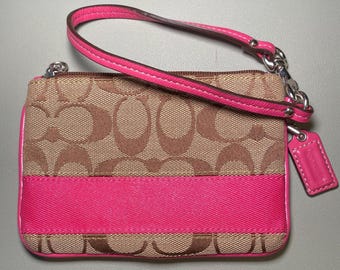 Coach Signature Canvas Wristlet with Pink Stripe Designer Accessory