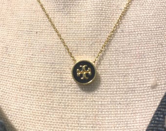 Tory Burch Gold Tone/ Black Enamel Pendant Necklace 18” Adjustable Designer Jewelry