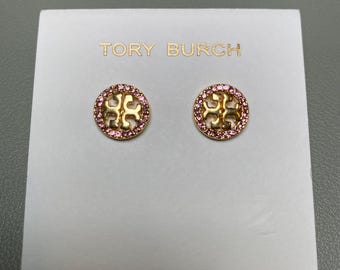 Tory Burch Gold Tone, Pink Crystal Stud Earrings - Designer  Everyday Jewelry Gift