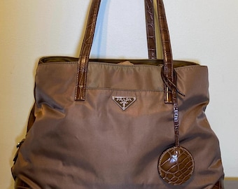 Prada Brown Nylon Shoulder Handbag Faux Croc Trim Women’s Luxury Accessory