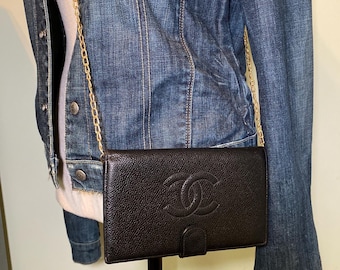 Chanel Caviar Long Black Snap/Kiss Lock Luxury Designer Wallet w/COA