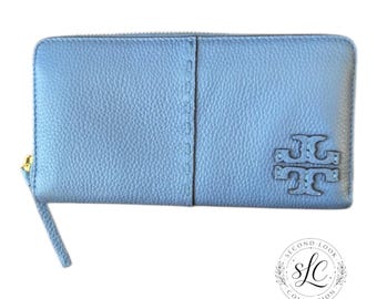Tory Burch McGraw Blue Leather Zip Wallet Designer Long Wallet Minimalist Accessory