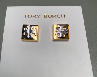 Tory Burch Square Logo Two Tone Stud Earrings - Designer  Everyday Jewelry Gift