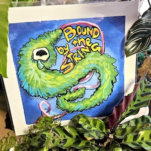 May include: A green, fuzzy creature is bound by a pink string. The creature is on a blue background with the words "Bound by the String" in yellow letters.