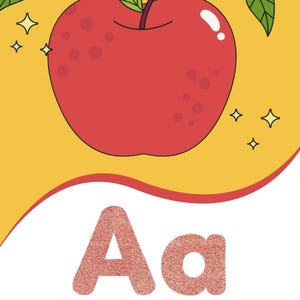 May include: A red apple hanging from a branch with green leaves. The letter A is written in pink glitter below the apple.