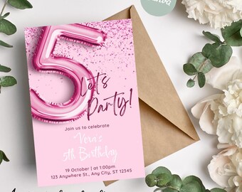 Rosa 5. Geburtstagseinladung Bearbeitbar Sofort Invite Download