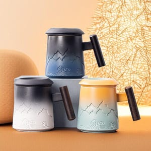 Handcrafted Ceramic Mug Set | Japanese Mountain Wave Design | Rustic Tea Coffee Cups | Unique Pottery Gift | Artistic Glazed Drinkware Tea