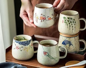 Japanese Coffee Mug 350ml, Ceramic Mug with Handle, Breakfast Tea or Milk Cup