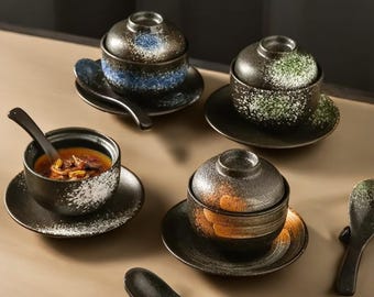Ceramiczny garnek do zupy w stylu japońskim z pokrywką i łyżką | Indywidualna miska do gulaszu