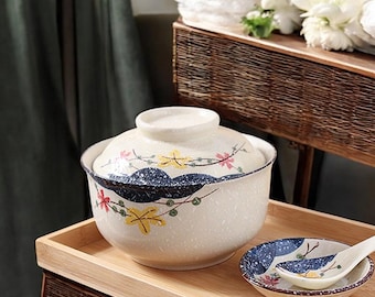 Traditional Handmade Japanese Ceramic Soup Bowl With Lid | Vintage Ramen Noodle Bowl Set | Salad Pattern Pottery Soup | Rustic Kitchen Decor