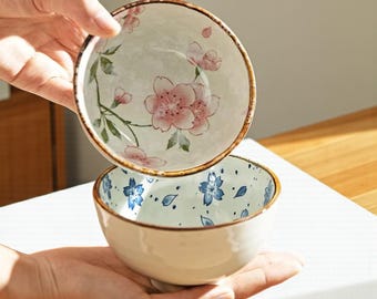 Japanese Ceramic Bowl Set – Floral Dinnerware for Ramen, Soup