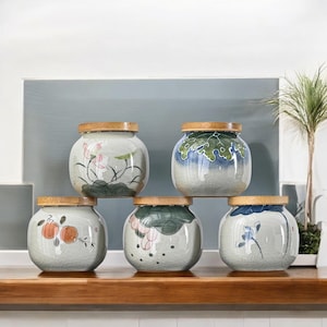 Japanese Ceramic Storage Jar | Hand-Painted Tea Canister | Bamboo Lid Kitchen Container | Matcha Sugar Jar Coffee Mugs | Traditional Pottery