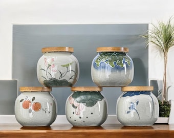 Japanese Ceramic Storage Jar | Hand-Painted Tea Canister | Bamboo Lid Kitchen Container | Matcha Sugar Jar Coffee Mugs | Traditional Pottery