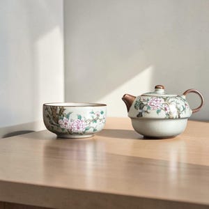 May include: A ceramic tea set comprising a small bowl and a teapot with a lid. The set is adorned with a floral design in pink, green, and brown on a cream backdrop. The teapot has a brown handle and spout.
