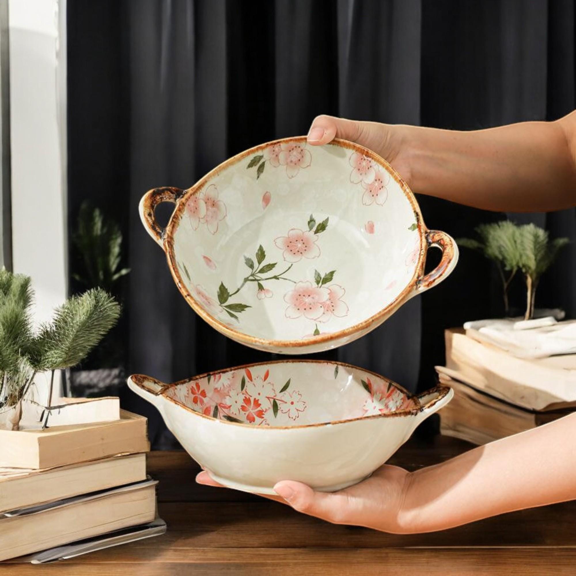 Handmade Ceramic Bowl | Floral Soup Ramen Bowl | Rustic Kitchen Decor | Vintage Style Tableware | Japanese Pottery | Serving Pasta Rice Bowl
