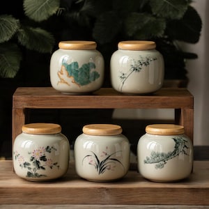 Japanese Ceramic Tea Jar | Hand-Painted Porcelain Canister | Vintage Style Storage Jar | Bamboo Spice Container | Matcha Coffee Sugar Holder