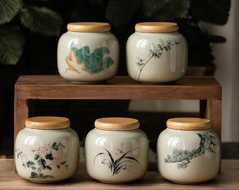 Japanese Ceramic Tea Jar | Hand-Painted Porcelain Canister | Vintage Style Storage Jar | Bamboo Spice Container | Matcha Coffee Sugar Holder