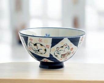 Japanese Ceramic Rice Bowl – Underglaze Lucky Cat Design