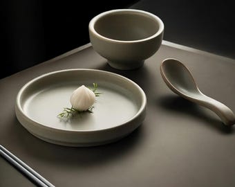 Japanese Ceramic Set | Vintage-Style Three Piece Bowl, Plate, Spoon