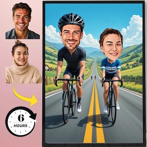 Custom Cycling Couple Cartoon Portrait: Personalized Bike Caricature (Digital Art Download A4 Size)