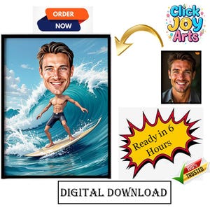 Personalized Surfer Cartoon Portrait from Photo | Custom Surfer couple Caricature | Funny Surfing Wall Art | Sea Lover Gift | Beach Themed
