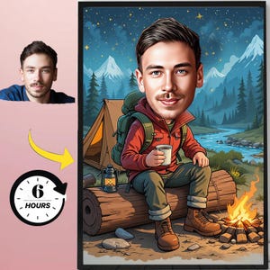 Custom Camping Caricature for Men, Personalized Cartoon Portrait from Photo, Unique Camper Gift, Outdoor Adventure Drawing, Gift for Him
