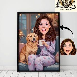 Custom Pet Portrait, Girl Drinking Coffee with Dog on Couch, Personalized Illustration, Dog Mom Gift, Custom Pet Art Portrait, Pet lover