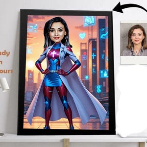 Custom Cartoon Portrait of a Female Doctor – Personalized Doctor Caricature from Photo, Funny Medical Art Gift, Super Doctor Illustration