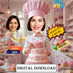 Personalized Female Pastry Chef Caricature | Custom Baking Portrait | Chef Cartoon | Cake Baker Chef Gift | Drawing from Photo |Digital Gift