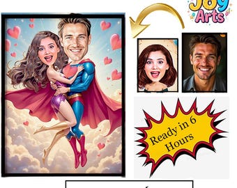 May include: Digital artwork download showing a cartoon couple in an embrace, the man dressed as a superhero. The background features hearts and clouds. The image is framed in black, with the text "DIGITAL DOWNLOAD" at the bottom.