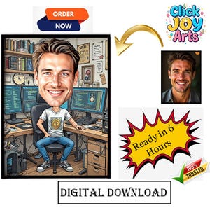 Custom Coder Caricature | Personalized Programmer Gift for Men | Software Developer Portrait | Funny Tech Gift, Gift for Him, IT Guy Drawing