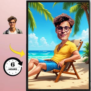 Custom Beach Caricature Portrait: Digital Art from Photo (5x7 in, PDF/JPEG File)