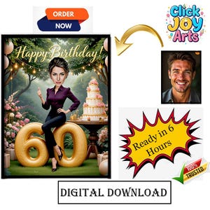 Custom 60th Birthday Caricature Portrait: Personalized Digital Cartoon (5x7, A4)