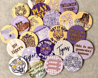 Louisiana Purple Gold Game Day Pinback Button | Football Tigers Tailgate Button Louisiana State | 3 Inch Button