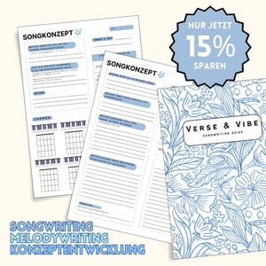 May include: A blue and white floral patterned songwriting guide titled "Verse & Vibe Songwriting Guide". The guide is open to reveal a page with a list of questions to help with songwriting.