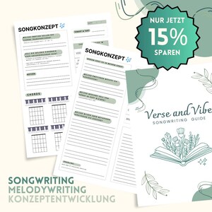 Könnte beinhalten: Ein grüner und weißer druckbarer Songwriting-Leitfaden mit dem Titel "Verse and Vibe Songwriting Guide". Der Leitfaden zeigt ein Buch mit Blumen und Sternen sowie ein Banner mit 15 % Rabatt.